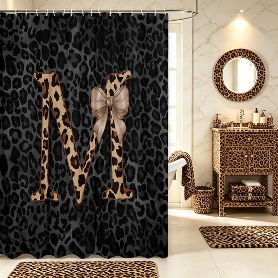Manfei Leopard Print Monogram M Shower Curtain 72Wx84L,Cute Bow Bathroom Shower Curtain,Black Brown