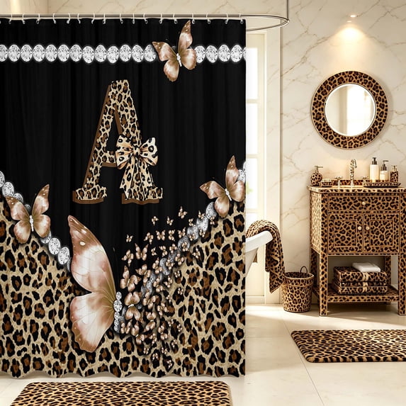 Manfei Leopard Print Monogrammed A Shower Curtain 72Wx72L,Dreamy Butterfly Bathroom Curtain,Black Brown