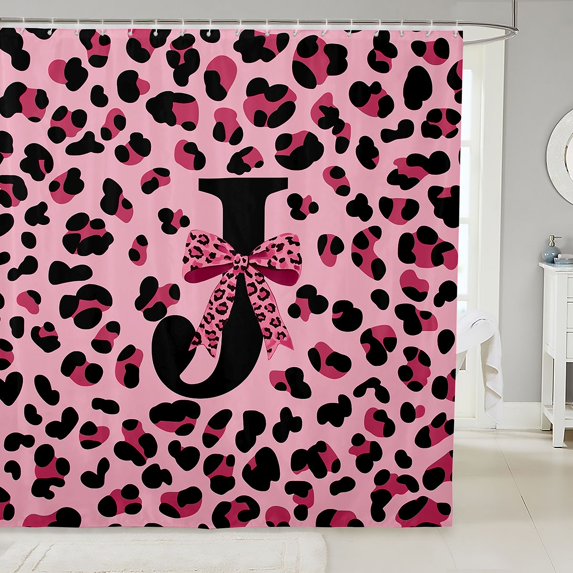 Manfei Leopard Print Monogrammed J Shower Curtain 72Wx78L,Dreamy Bow Bath Curtain,Pink