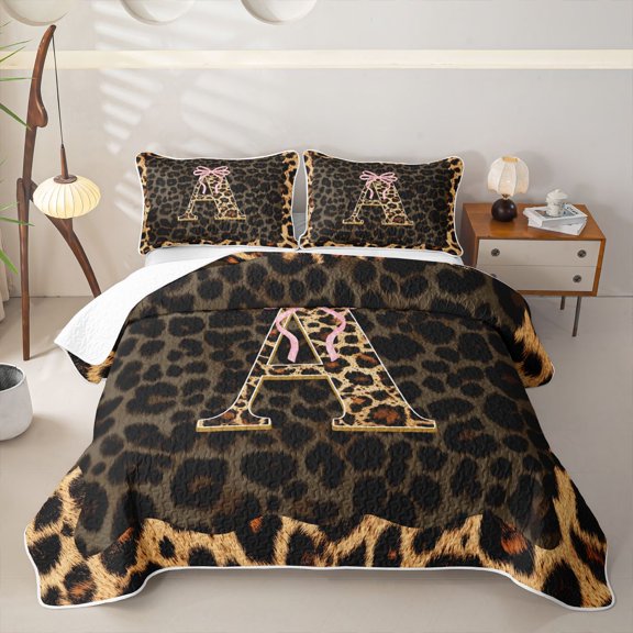 Manfei Leopard Print Personalized Initial A Quilt Full for Teens,Pink Ribbon Bow Full Bedspread Sets for Girls