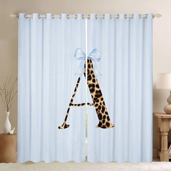 Manfei Leopard Print Personalized Initial A Black Out Curtains for Girls,Kawaii Blue Bow Curtains Pack of 2 (42x63 Each) for Kids Teens,Lightweight Room Decor