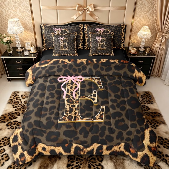 Manfei Leopard Print Personalized Initial E Twin Bedding Sets 7-Piece for Teens,Pink Ribbon Bow Bedding Comforter Set for Girls,Black Reversible,Ultra Soft Home Decor