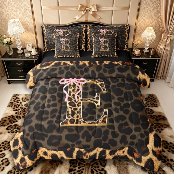 Manfei Leopard Print Personalized Initial E Twin Bedding Sets 7-Piece for Teens,Pink Ribbon Bow Bedding Comforter Set for Girls,Black Reversible,Ultra Soft Home Decor