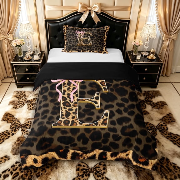 Manfei Leopard Print Personalized Initial E Twin Bedding for Teens,Pink Ribbon Bow Duvet Cover Set for Girls,Black Reversible,Ultra Soft Home Decor,2pcs,No Comforter
