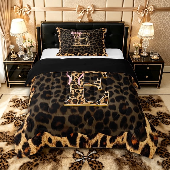 Manfei Leopard Print Personalized Initial E Twin Comforter Sets 3-Piece for Teens,Pink Ribbon Bow Bedding Set for Girls,Black Reversible,Ultra Soft Home Decor