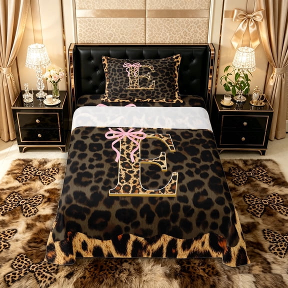 Manfei Leopard Print Personalized Initial E Twin Sheet Sets 3pcs for Teens,Pink Ribbon Bow Bedding for Girls,Ultra Soft Home Decor