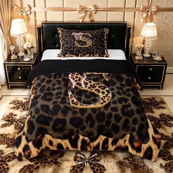 Manfei Leopard Print Personalized Initial S Twin Comforter Sets 3-Piece for Teens,Pink Ribbon Bow Bedding Set for Girls,Black Reversible,Microfiber Bedroom Decor