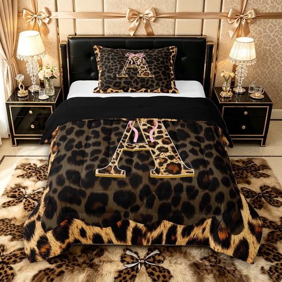 Manfei Leopard Print Personalized Initial A Twin Comforter Sets 3-Piece for Teens,Pink Ribbon Bow Bedding Set for Girls,Black Reversible,Microfiber Bedroom Decor
