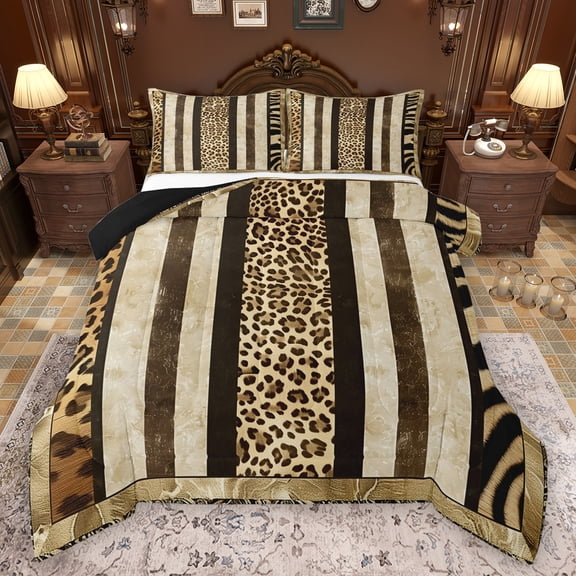 Manfei Leopard Print Queen Comforter Set,Modern Geometric Stripe Bedding Sets,Brown Black Bedding Comforter Set For Girls Boys,Breathable Home Decor Reversible,3pcs