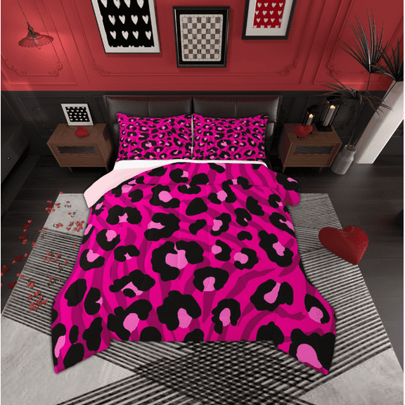 Manfei Leopard Print Queen Comforter Set,Zebra Pattern Bedding Sets,Pink Black Bedding Comforter Set For Teens,Super Cozy Room Decor Reversible,3-Piece