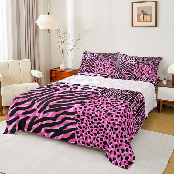 Manfei Leopard Print Twin Sheet Sets,Jungle Animal Twin Fitted Sheet,Pink Black Zebra Pattern Flat Sheet For Teens,Super Cozy Room Decor,3-Piece