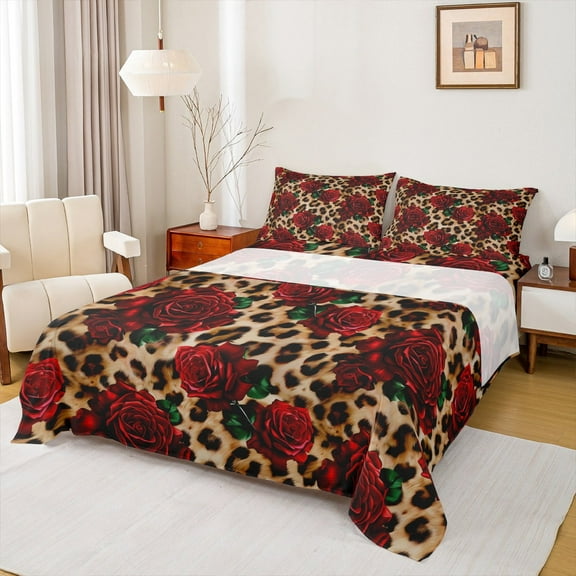 Manfei Leopard Print Twin Sheet Sets,Romance Flower Rose Bedding Twin Size,Jungle Animal Bed Sheets Set Twin Size,Microfiber Bedroom Decor,3pcs