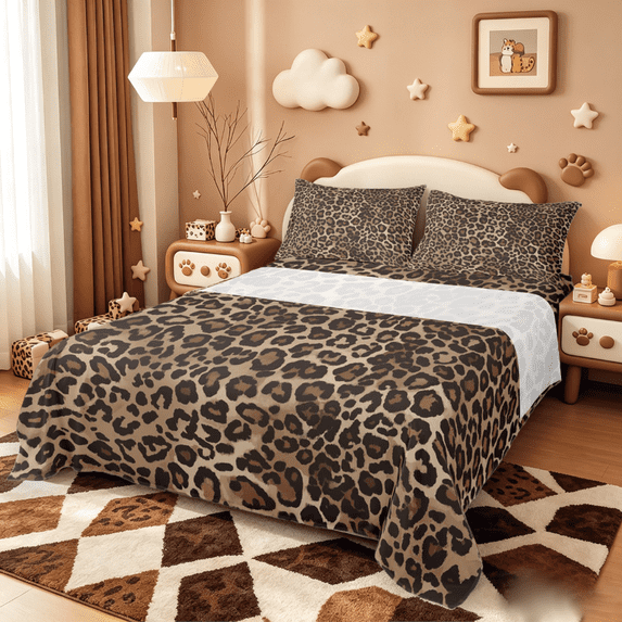 Manfei Leopard Print Twin Sheet Sets,Wild Animal Twin Fitted Sheet,Cheetah Pattern Flat Sheet For Girl Kids,Breathable Home Decor,3pcs