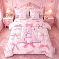 thumbnail image 1 of Manfei Letter A Initial 7-Piece Twin Bedding Sets For Kids,Pink Plaid Bow Bedding Comforter Set For Girls,Pink Reversible, 1 of 7
