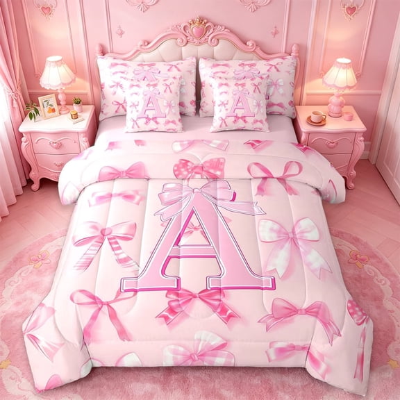 Manfei Letter A Initial 7-Piece Twin Bedding Sets For Kids,Pink Plaid Bow Bedding Comforter Set For Girls,Pink Reversible