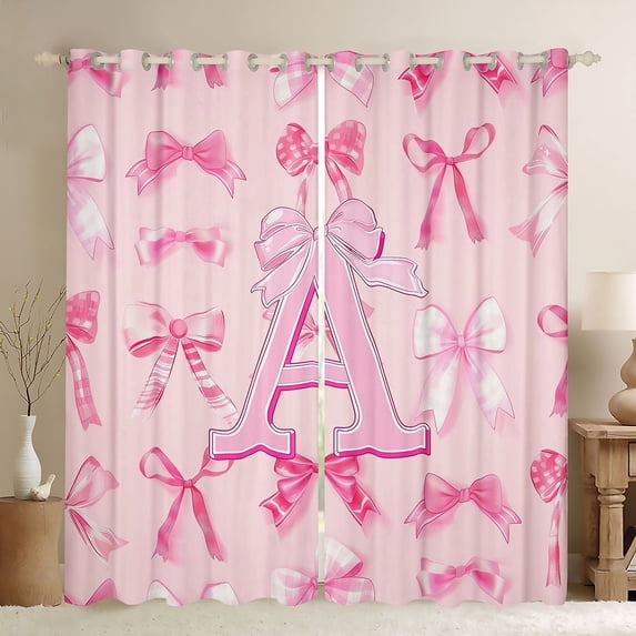 Manfei Letter A Initial Black Out Curtains For Kids,Pink Plaid Bow Curtains Pack of 2 (42x63 Each) For Girls