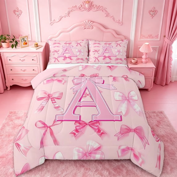 Manfei Letter A Initial Full Size Comforter Sets For Kids,Pink Plaid Bow Bedding Sets For Girls,Pink Reversible,3pcs