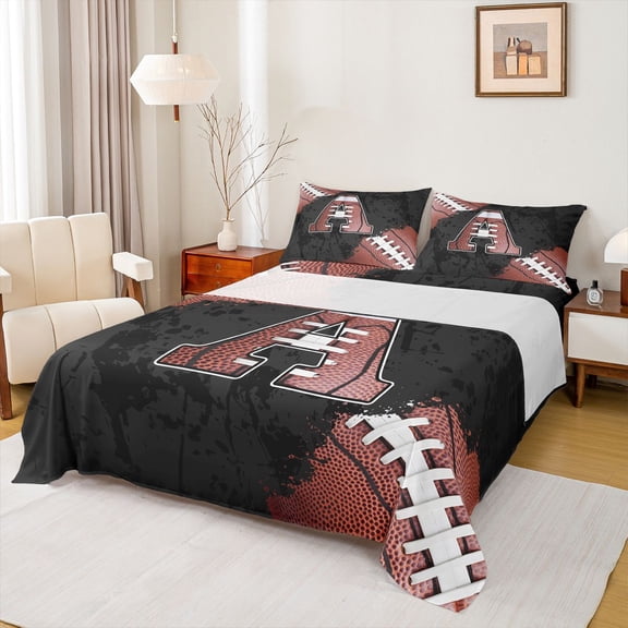 Manfei Letter A Monogrammed Bed Sheets,Rugby Game King Sheets,Brown Black Sheet Set For Boy,Microfiber Room Decorative,4pcs