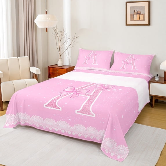 Manfei Letter A Monogrammed Full Size Sheets,Pink Sparking Print Bed Sheets,Cute Bow Bowtie Sheet Sets For Child,Microfiber Room Decorative,4pcs
