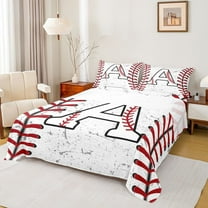 Manfei Letter A Monogrammed Twin Sheet Sets,Baseball Game Lover Twin Fitted Sheet,White Red Flat Sheet For Boys,Microfiber Room Decorative,3pcs