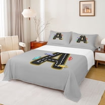 Manfei Letter A Monogrammed Twin Sheet Sets,Colorful Racing Car Twin Fitted Sheet,Gray Black Flat Sheet For Boys,Microfiber Room Decorative,3-Piece