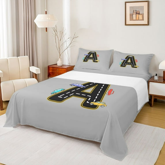 Manfei Letter A Monogrammed Twin Sheet Sets,Colorful Racing Car Twin Fitted Sheet,Gray Black Flat Sheet For Boys,Microfiber Room Decorative,3-Piece