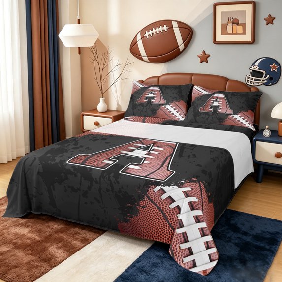Manfei Letter A Monogrammed Twin Sheet Sets,Rugby Game Twin Fitted Sheet,Brown Black Flat Sheet For Boy,Microfiber Room Decorative,3pcs