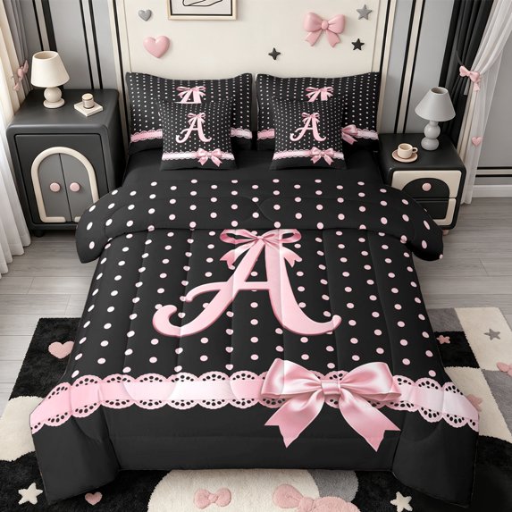 Manfei Letter A Print 7-Piece Twin Bedding,Pink Dreamy Bow Bedding Comforter Set,Black Reversible