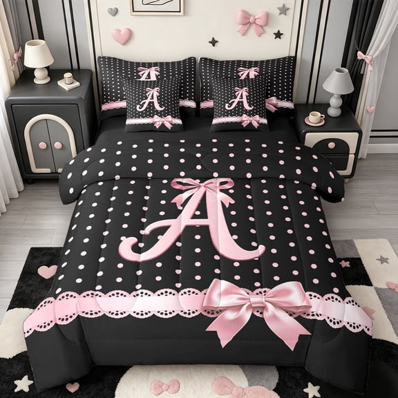 Manfei Letter A Print 7-Piece Twin Bedding,Pink Dreamy Bow Bedding Comforter Set,Black Reversible