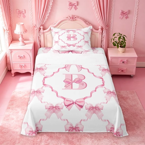 Manfei Letter B Personalized Twin Sheet Sets For Girls,Cute Pink Bow Bedding For Kids,3-Piece