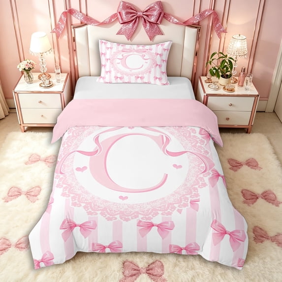 Manfei Letter C Monogrammed Stripes Twin Bedding for Women Teens,Girls Kids Shabby Chic Pink Lace Bow Duvet Cover Set,Pink Reversible,Breathable Home Decor,2pcs,No Comforter