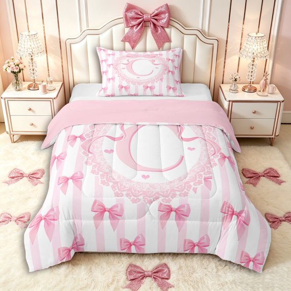 Manfei Letter C Monogrammed Stripes Twin Comforter Sets 3-Piece for Women Teens,Girls Kids Shabby Chic Pink Lace Bow Bedding Set,Pink Reversible,Breathable Home Decor