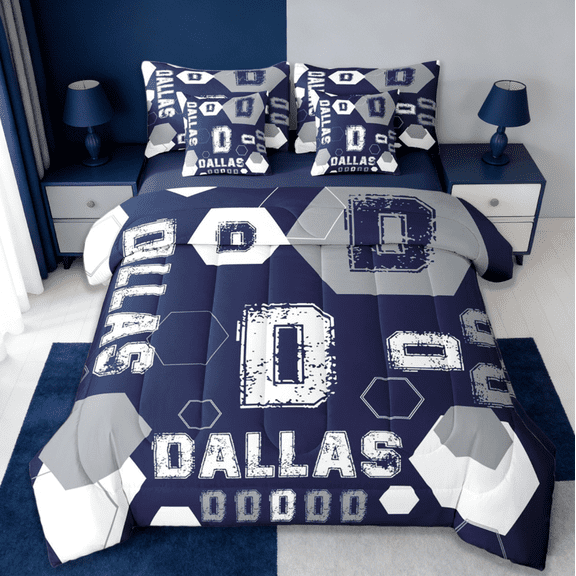 Manfei Letter D Monogrammed 7-Piece Twin Bedding Sets,Dallas Sport City Bedding Comforter Set,Gray Blue Sheet Sets For Boys Kids,Microfiber Room Decorative Reversible
