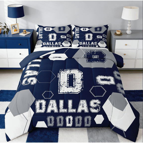 Manfei Letter D Monogrammed Full Size Comforter Sets,Dallas Sport City Bedding Comforter Set,Gray Blue Bedding Sets For Boys Kids,Microfiber Room Decorative Reversible,3pcs