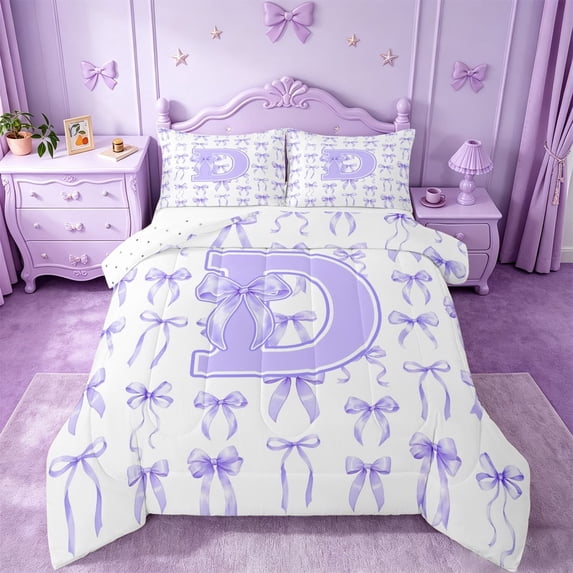 Manfei Letter D Personalized Initial Full Size Comforter Sets For Girls,Girls Lavender Bow Bedding Sets For Kids,Reversible,3-Piece