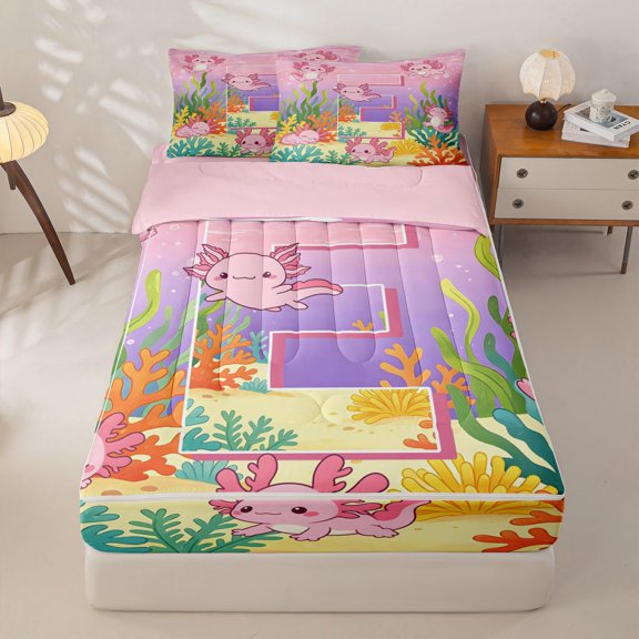 Manfei Letter E Print Zipper Twin Comforter Sets with Fitted Sheet and 2 Pillowcases,Charming Axolotl Zipper Bedding Set,Pink,Pink Reversible4pcs