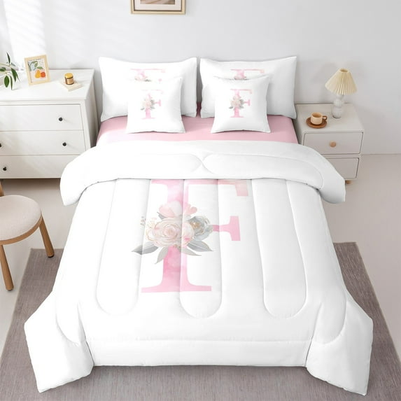 Manfei Letter F Monogrammed Bedding Comforter Set 7-Piece,Romantic Girls Flower King Bedding Sets,Pink White Bed Sheets For Child,Microfiber Room Decorative Reversible