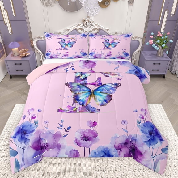 Manfei Letter F Monogrammed Bedding Comforter Set,Watercolor Rustic Flowers Twin Comforter Sets,Cute Butterflies Bedding Set For Girls,Microfiber Room Decorative Reversible,2-Piece