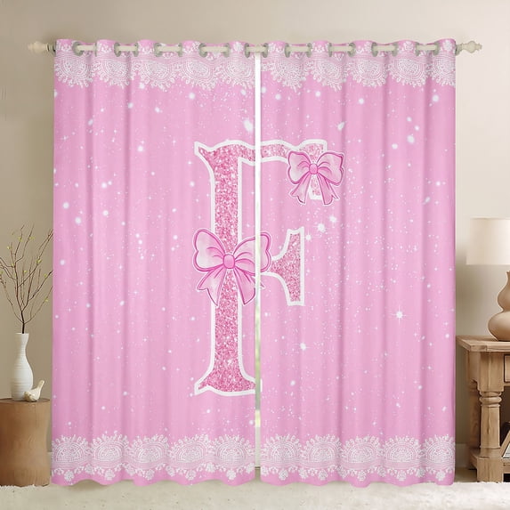 Manfei Letter F Monogrammed Curtains and Drapes,Pink Sparking Print Black Out Curtains,Cute Bow Bowtie Curtains Pack of 2 (52x63 Each) For Child,Microfiber Room Decorative