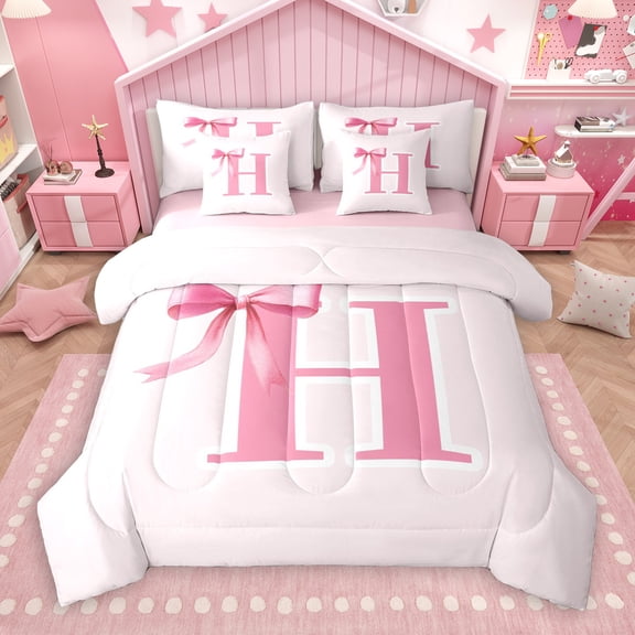 Manfei Letter H Monogrammed 7-Piece Bedding Comforter Set,Cute Cartoon Bowtie King Bedding Sets,Pink Bow Tie Bed Sheets For Girls Kids,Microfiber Room Decorative Reversible