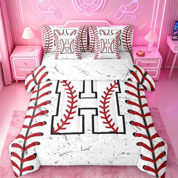 Manfei Letter H Monogrammed 7-Piece Twin Bedding Sets,Baseball Game Lover Bedding Comforter Set,White Red Sheet Sets For Boys,Microfiber Room Decorative Reversible