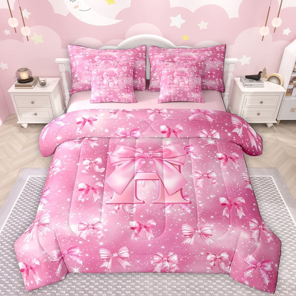 Manfei Letter H Monogrammed 7pcs Bedding Comforter Set,Cartoon Bow Tie Queen Bedding Sets,Chic Starry Night Queen Sheet Sets For Child,Microfiber Room Decorative Reversible