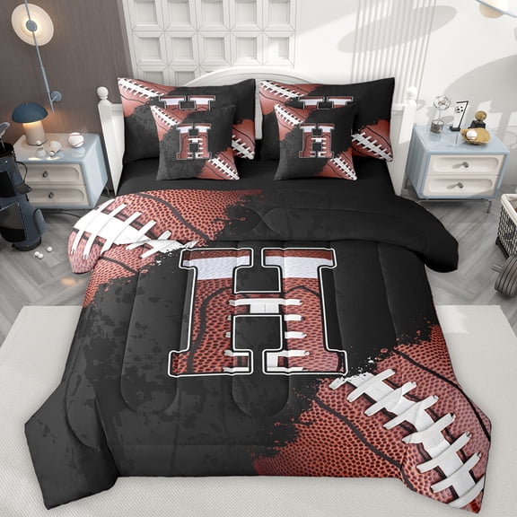 Manfei Letter H Monogrammed 7pcs Bedding Comforter Set,Rugby Game Queen Bedding Sets,Brown Black Queen Sheet Sets For Boy,Microfiber Room Decorative Reversible