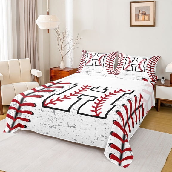 Manfei Letter H Monogrammed Twin Sheet Sets,Baseball Game Lover Twin Fitted Sheet,White Red Flat Sheet For Boys,Microfiber Room Decorative,3 Pieces