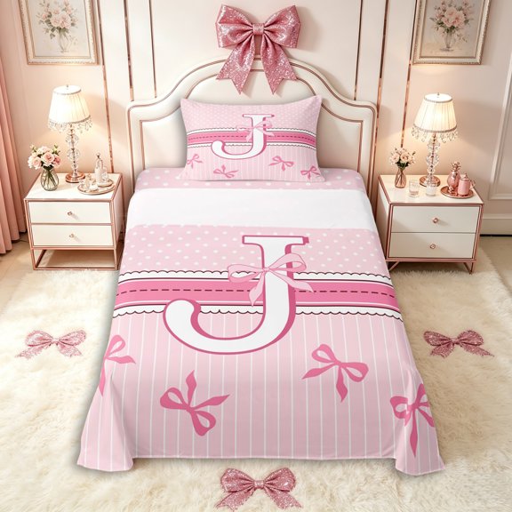 Manfei Letter J Monogrammed Cute Bow Knot Twin Sheet Sets 3pcs for Teens Girls,Dreamy Polka Dots Lines Bedding,Ultra Soft Home Decor