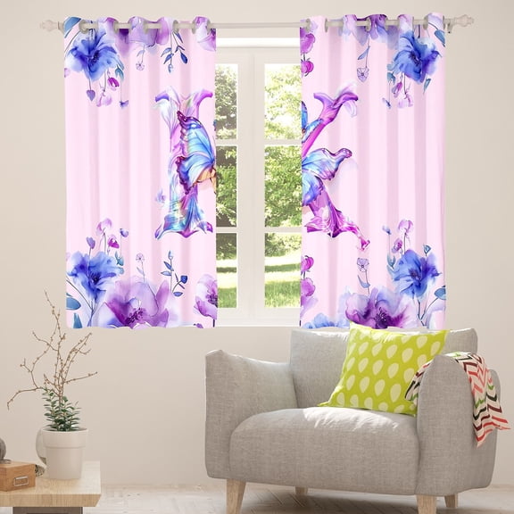 Manfei Letter K Monogrammed Blackout Curtains Set of 2 (38x54 Each),Watercolor Rustic Flowers Curtains and Drapes,Cute Butterflies Living Room Curtains For Girls,Microfiber Room Decorative