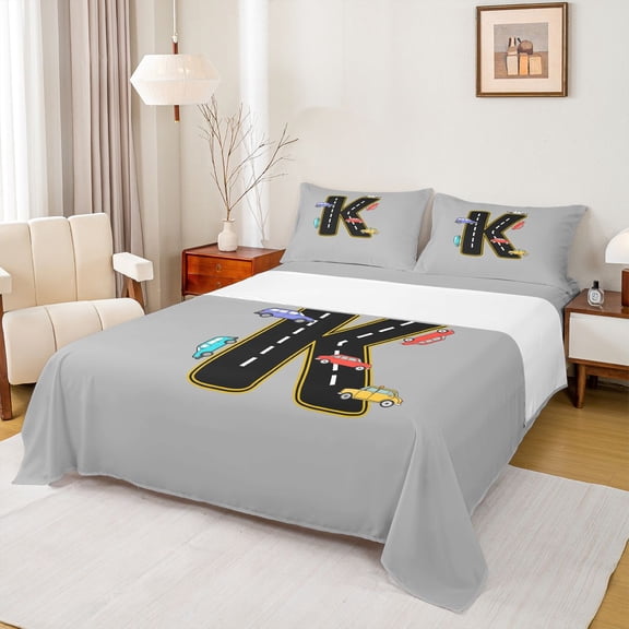 Manfei Letter K Monogrammed Twin Sheet Sets,Colorful Racing Car Twin Fitted Sheet,Gray Black Flat Sheet For Boys,Microfiber Room Decorative,3pcs