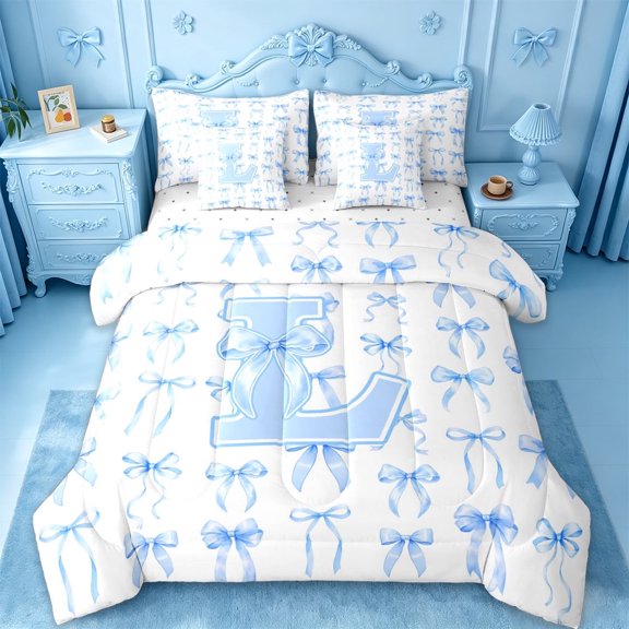 Manfei Letter L Monogrammed 7-Piece Twin Bedding Sets For Kids,Blue Ribbon Bowtie Bedding Comforter Set,Reversible