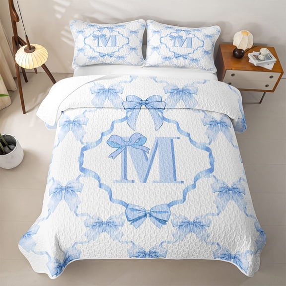 Manfei Letter M Monogrammed Twin Quilt Set For Girl,Girly Bowknot Twin Coverlet Set Fir Kids,2-Piece