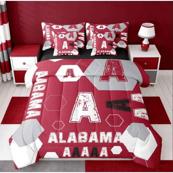 Manfei Letter A Monogrammed 7-Piece Twin Bedding Sets,Alabama Sport City Bedding Comforter Set,Red Gray White Sheet Sets For Boys Kids,Microfiber Room Decorative Reversible